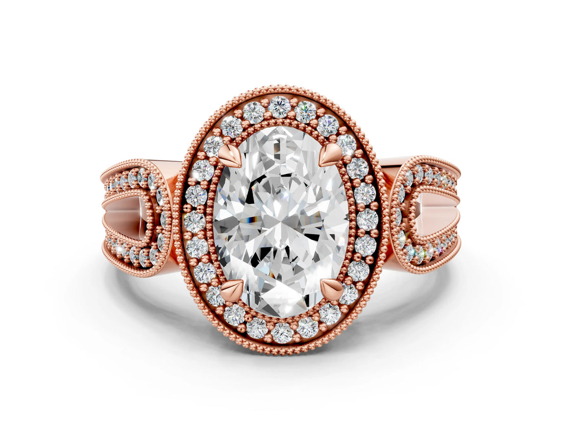 Rose gold Oval Halo Split Shank Milgrain Diamond Ring_18