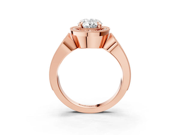 Rose Gold Oval Vintage Milgrain Halo Engagement Ring Setting with Pave Loop Shoulders