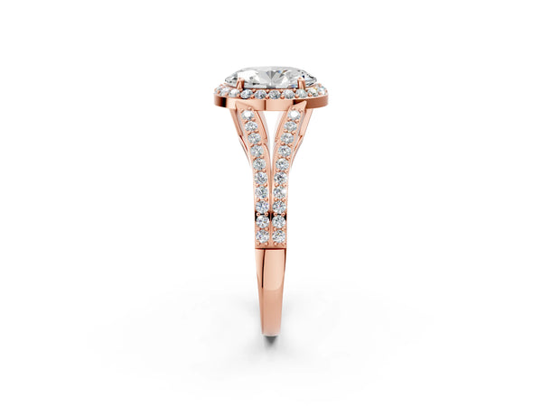 Rose Gold Oval Halo Engagement Ring Setting with V-Split Pave Band