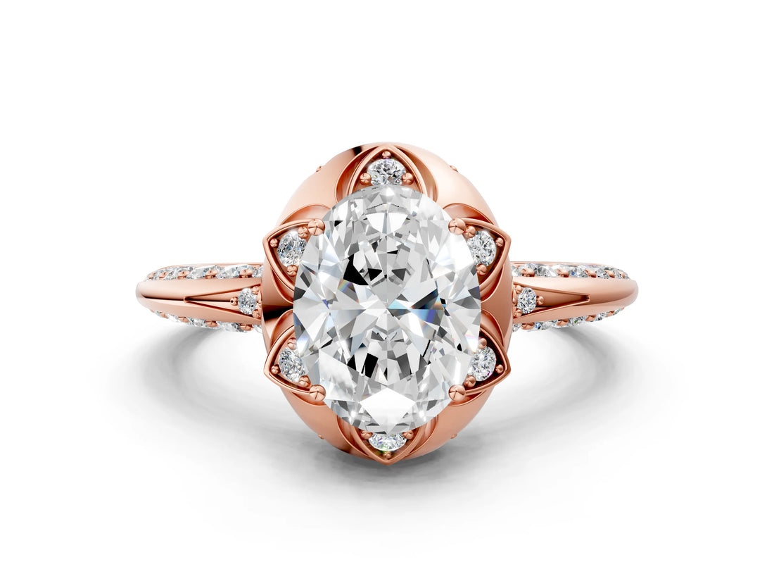 Rose gold Oval Halo Split Shank Pave Diamond Ring with Petal Prong Setting_20