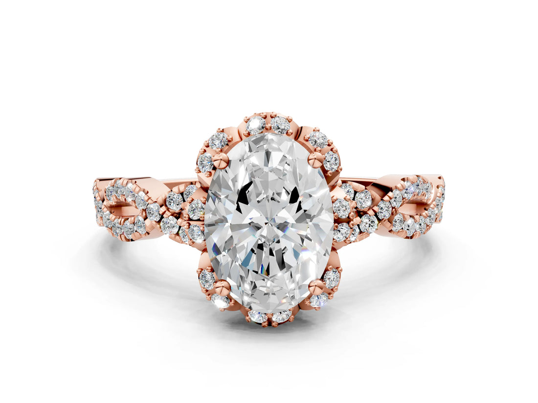 Rose gold Oval Halo Twist Band Solitaire Ring with Six-Prong Setting_32