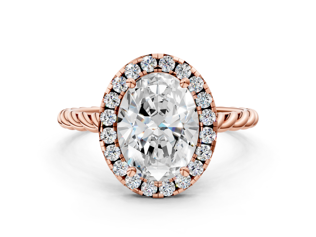 Rose gold Oval Halo Twisted Band Four-Prong Diamond Ring_19