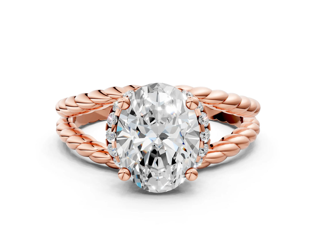 Rose gold Oval Halo Twisted Band Four-Prong Ring_35