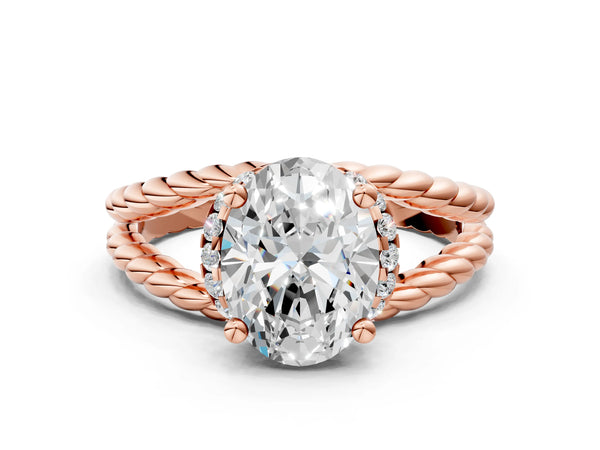 Rose Gold Oval Engagement Ring Setting with Twisted Rope Split Shank and Accented Head