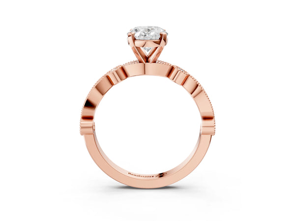 Rose Gold Oval Vintage Solitaire Engagement Ring Setting with Milgrain Bezel Accent Band