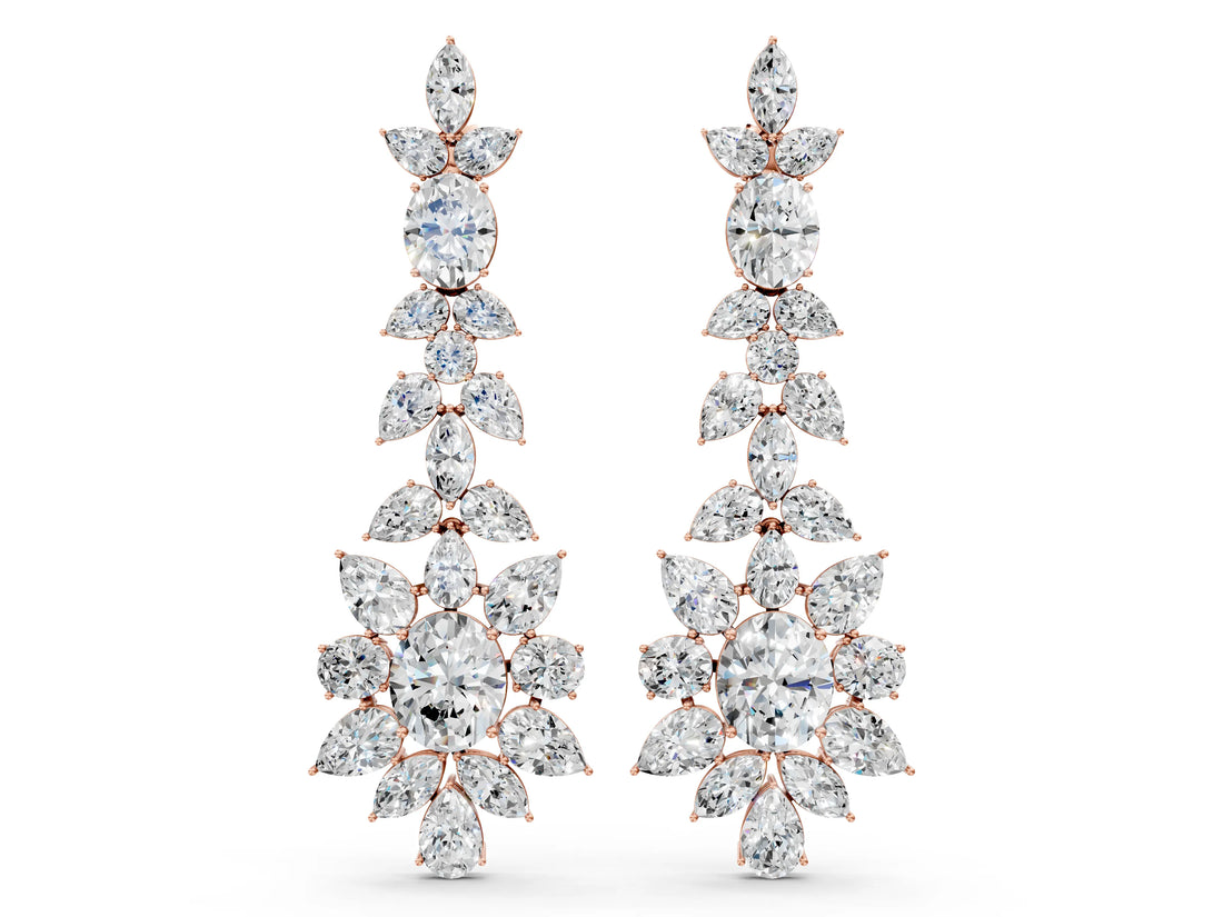 Rose gold Oval, Pear, Marquise and Round Diamond Floral Cascade Drop Earrings_12