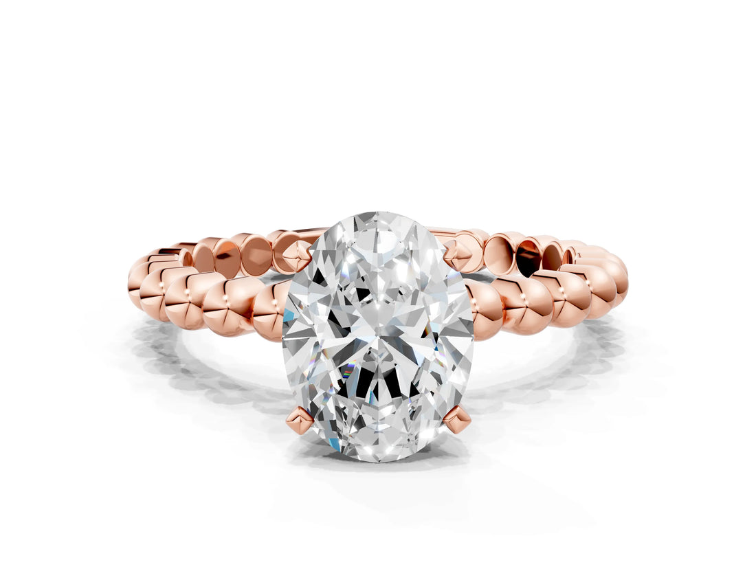 Rose gold Oval Solitaire Beaded Band Prong Setting Ring