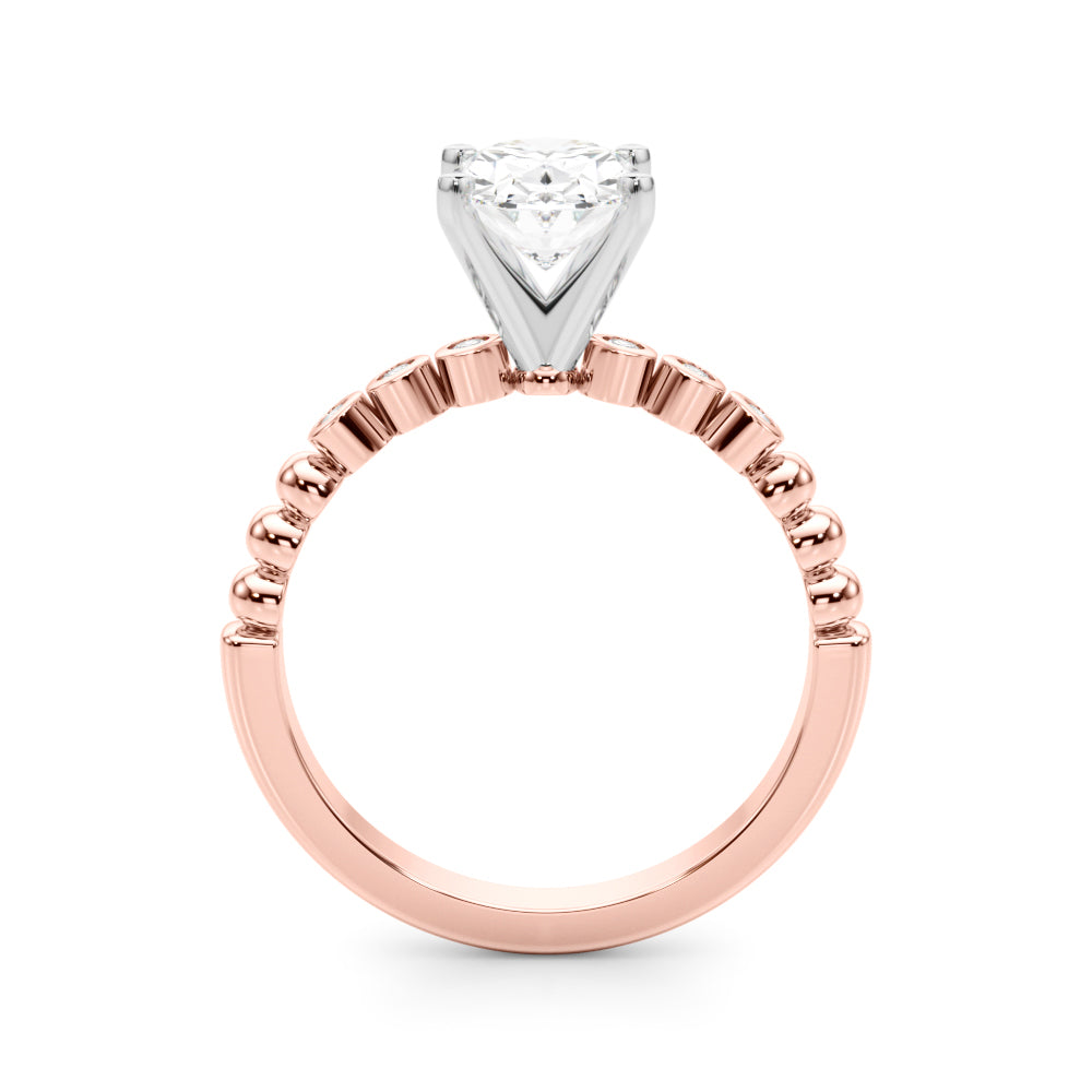 Rose gold Oval Solitaire Bezel Accent Diamond Engagement Ring with Beaded Band and Four-Prong Setting 2