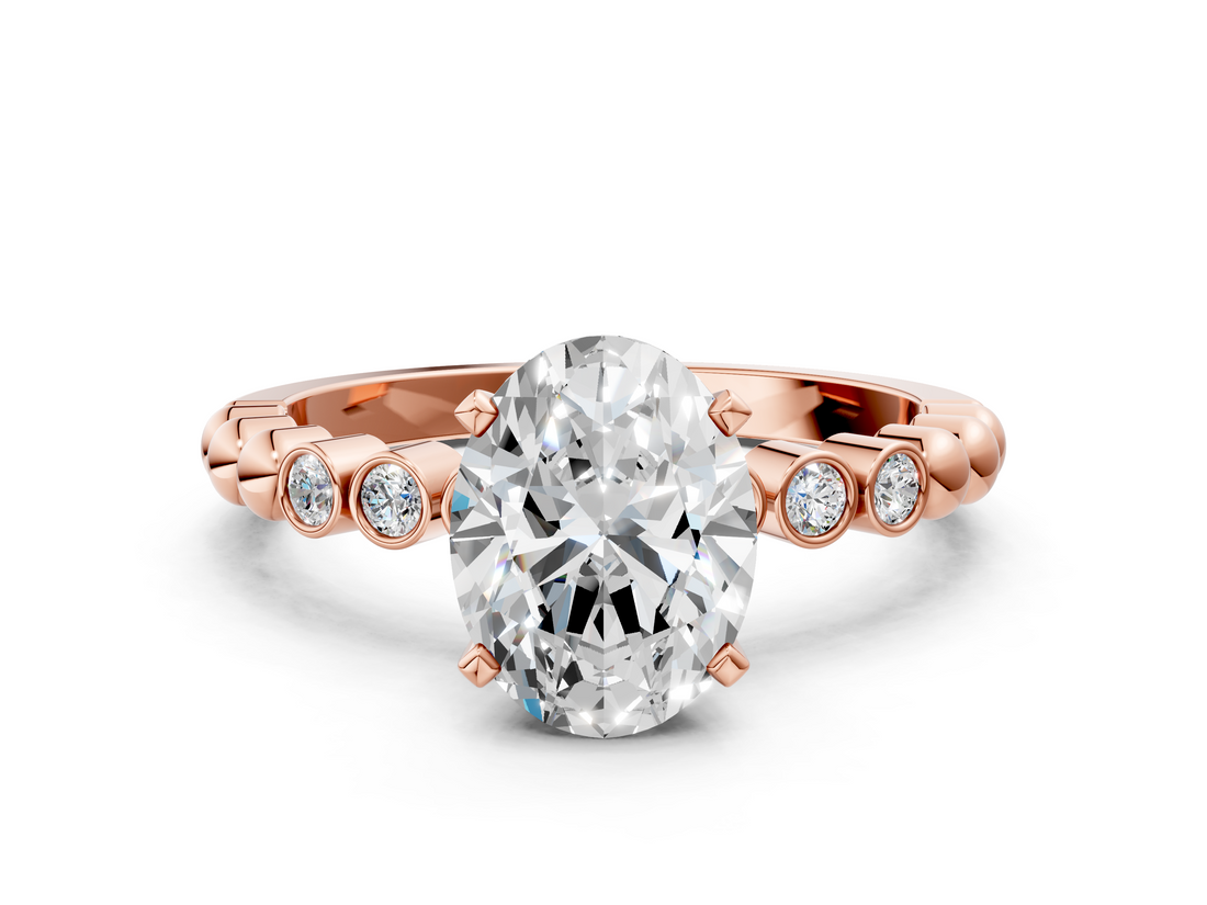 Rose gold Oval Solitaire Bezel Accent Diamond Engagement Ring with Beaded Band and Four-Prong Setting_61