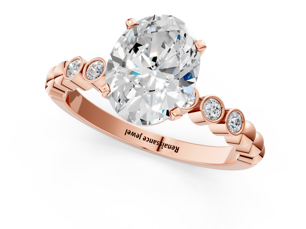 Rose gold Oval Solitaire Bezel Accent Diamond Engagement Ring with Beaded Band and Four-Prong Setting