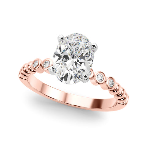 Rose gold Oval Solitaire Bezel Accent Diamond Engagement Ring with Beaded Band and Four-Prong Setting