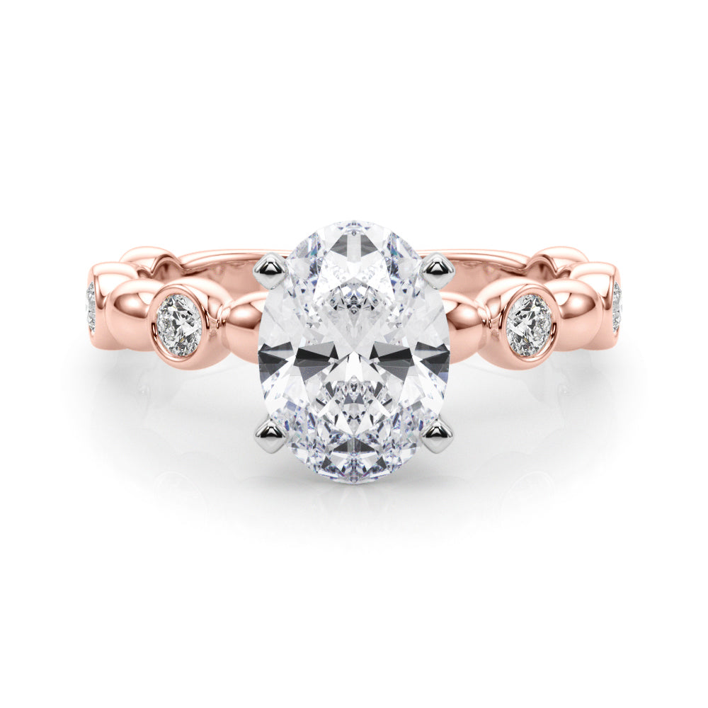 Rose gold Oval Solitaire Bezel-Set Diamond Ring with Beaded Band and Four-Prong Setting 1
