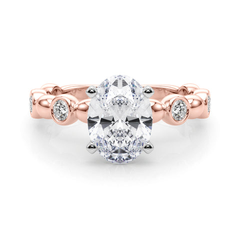 Rose gold Oval Solitaire Bezel-Set Diamond Ring with Beaded Band and Four-Prong Setting 1