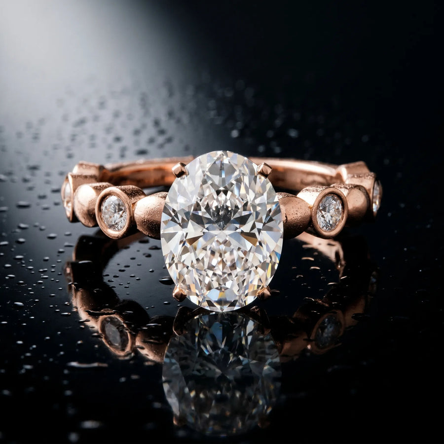 Rose gold Oval Solitaire Bezel-Set Diamond Ring with Beaded Band and Four-Prong Setting