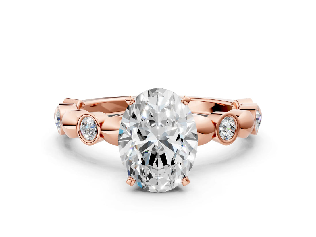 Rose gold Oval Solitaire Bezel-Set Diamond Ring with Beaded Band and Four-Prong Setting_55