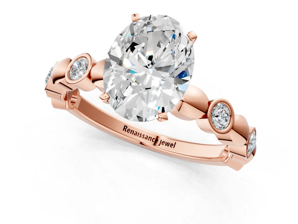 Rose gold Oval Solitaire Bezel-Set Diamond Ring with Beaded Band and Four-Prong Setting