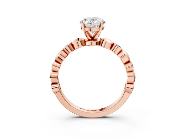Rose gold Oval Solitaire Bezel-Set Diamond Ring with Beaded Band and Four-Prong Setting