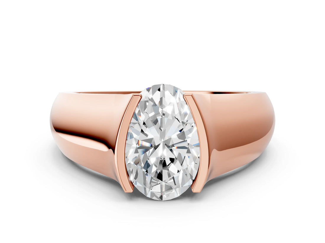 Rose gold Oval Solitaire Bezel Set Diamond Ring with Wide Band_3