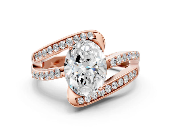 Rose gold Oval Solitaire Bypass Diamond Engagement Ring with Channel-Set Band and Four-Prong Setting