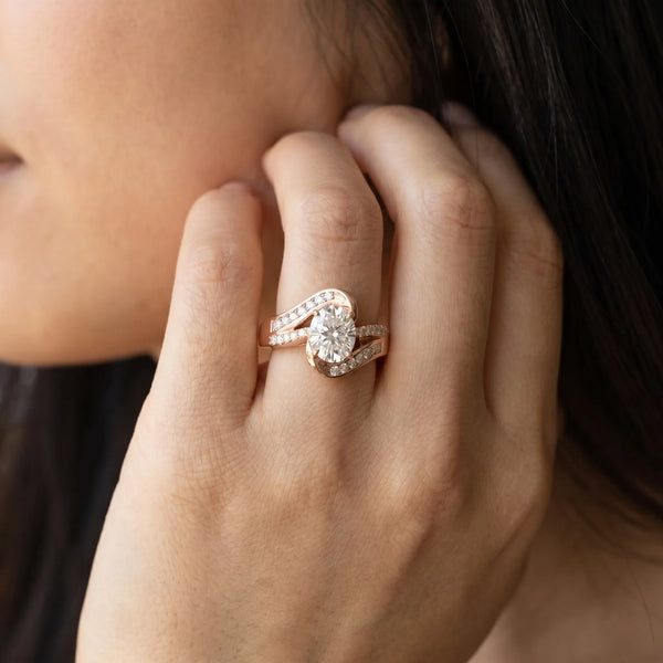 Rose gold Oval Solitaire Bypass Diamond Engagement Ring with Channel-Set Band and Four-Prong Setting