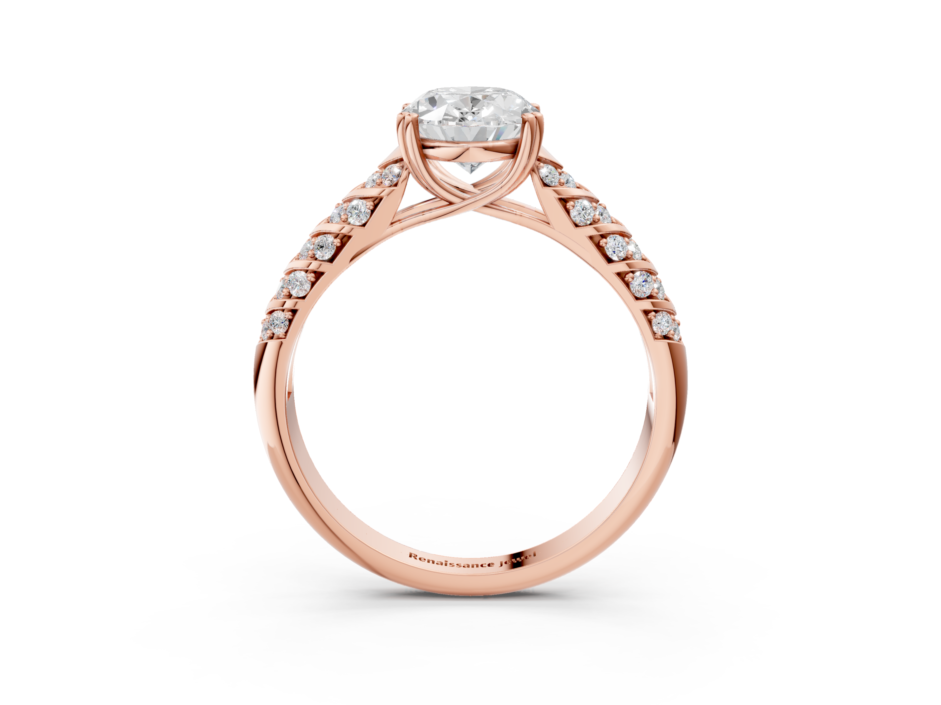 Rose gold Oval Solitaire Chevron Pave Diamond Engagement Ring with Six-Prong Setting_6