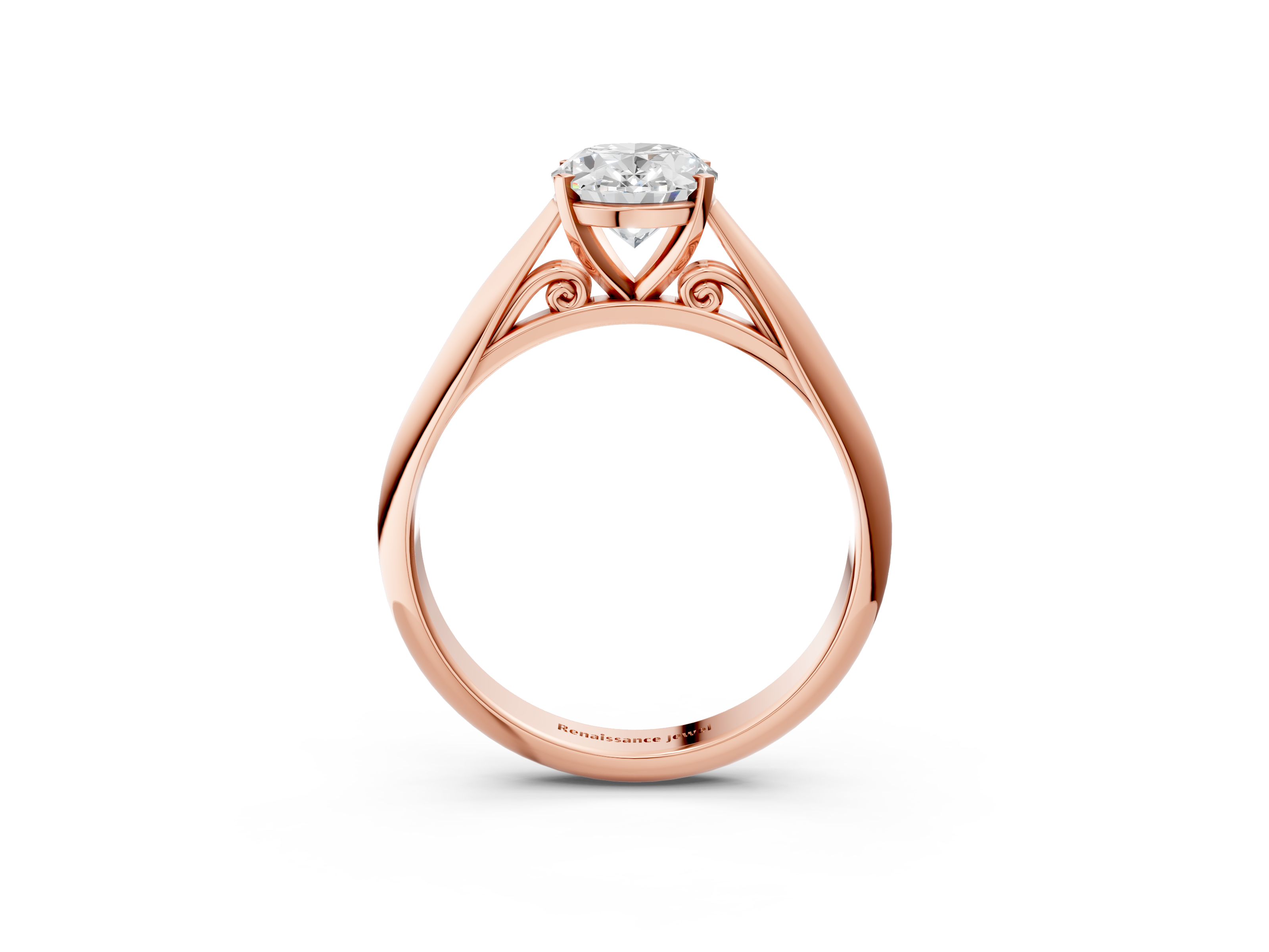 Rose gold Oval Solitaire Diamond Engagement Ring with Cathedral Setting and Four-Prong Mount on a Classic Band_205