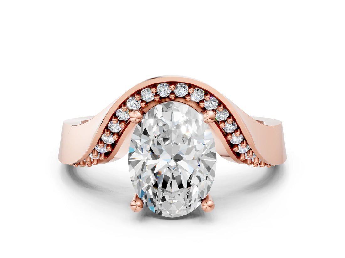 Rose gold Oval Solitaire Diamond Engagement Ring with Pave Band and Four-Prong Setting 2