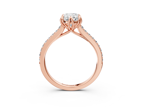 Rose gold Oval Solitaire Diamond Engagement Ring with Pave Band and Six-Prong Setting