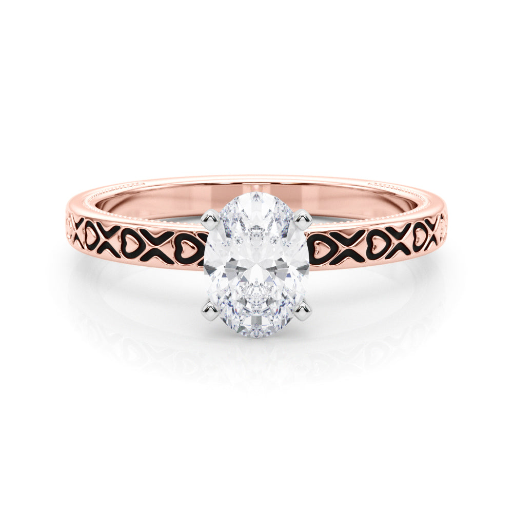 Rose gold Oval Solitaire Diamond Engagement Ring with XO Engraved Band and Four-Prong Setting 1