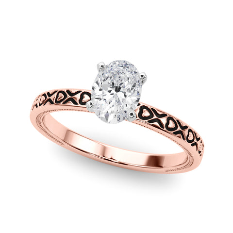 Rose gold Oval Solitaire Diamond Engagement Ring with XO Engraved Band and Four-Prong Setting