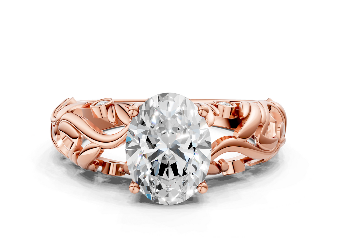 Rose gold Oval Solitaire Diamond Leaf Vine Band with Prong Setting_50