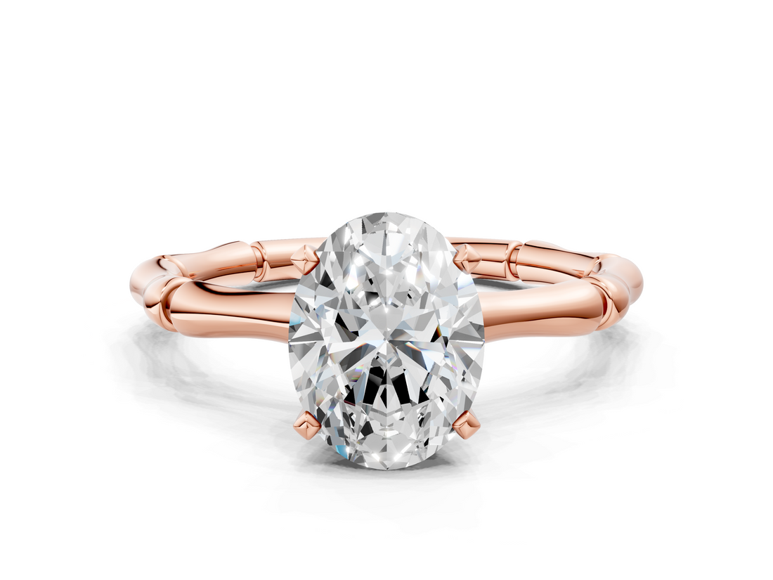 Rose gold Oval Solitaire Diamond Ring with Bamboo Band and Four-Prong Setting_68