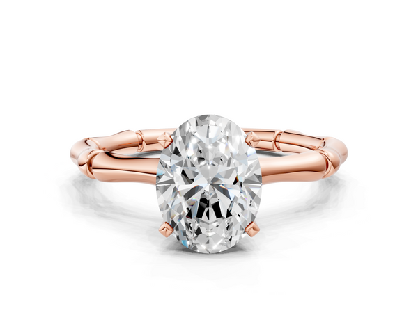 Rose gold Oval Solitaire Diamond Ring with Bamboo Band and Four-Prong Setting
