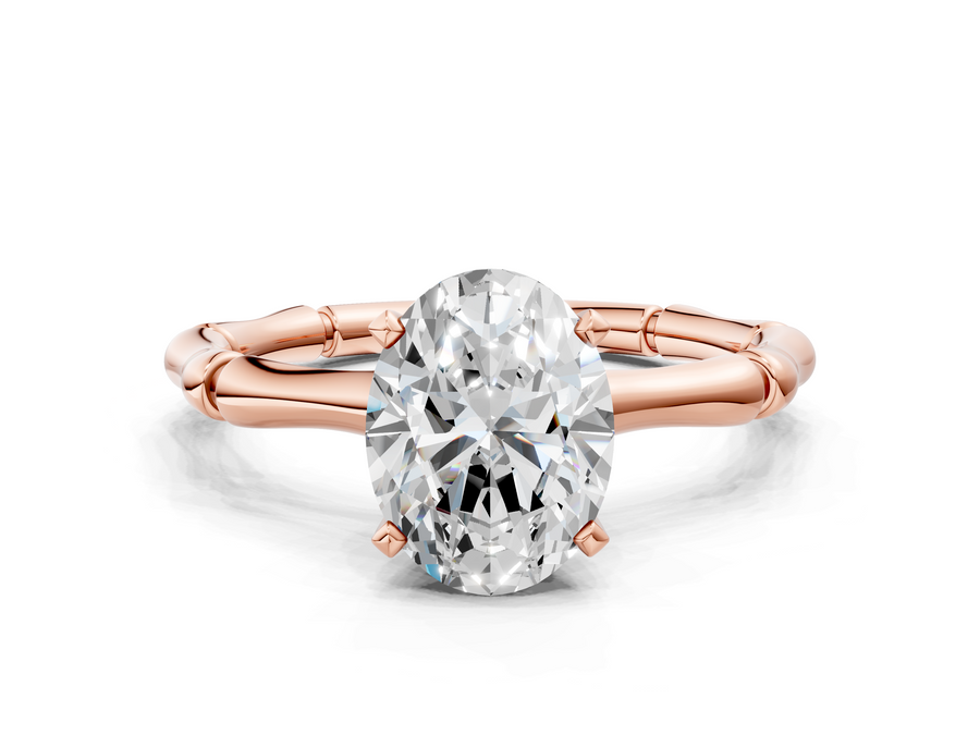 Rose gold Oval Solitaire Diamond Ring with Bamboo Band and Four-Prong Setting