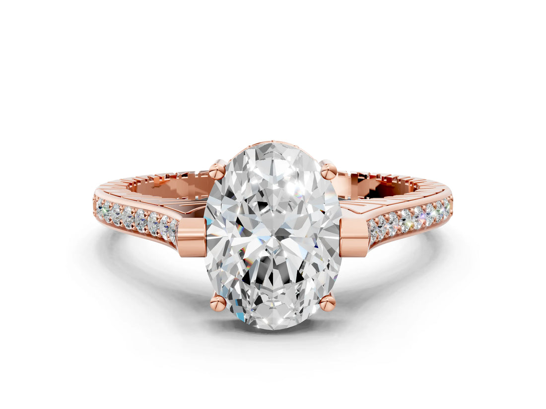 Rose gold Oval Solitaire Diamond Ring with Channel Set Band and Bezel Prong Setting_56