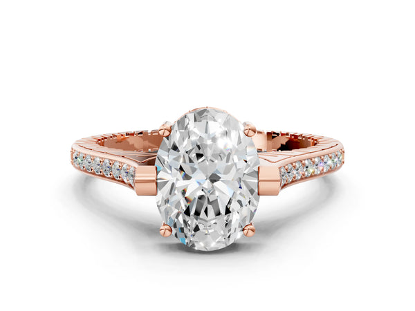 Rose gold Oval Solitaire Diamond Ring with Channel Set Band and Bezel Prong Setting