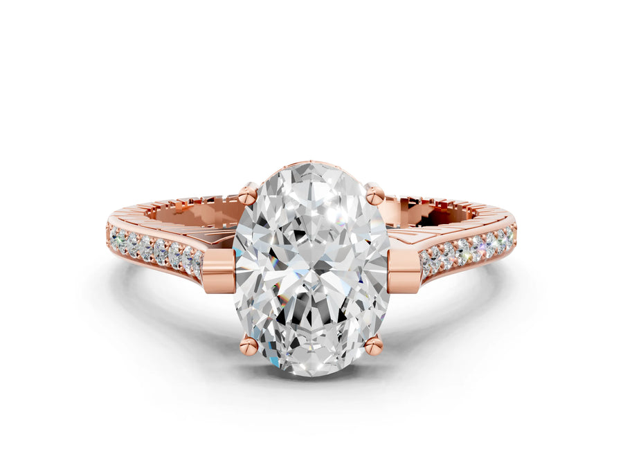 Rose gold Oval Solitaire Diamond Ring with Channel Set Band and Bezel Prong Setting