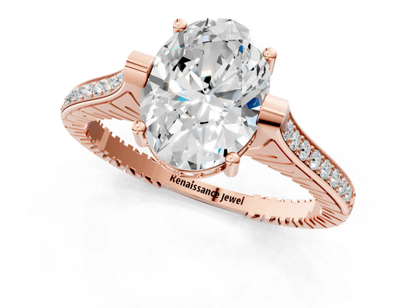 Rose gold Oval Solitaire Diamond Ring with Channel Set Band and Bezel Prong Setting