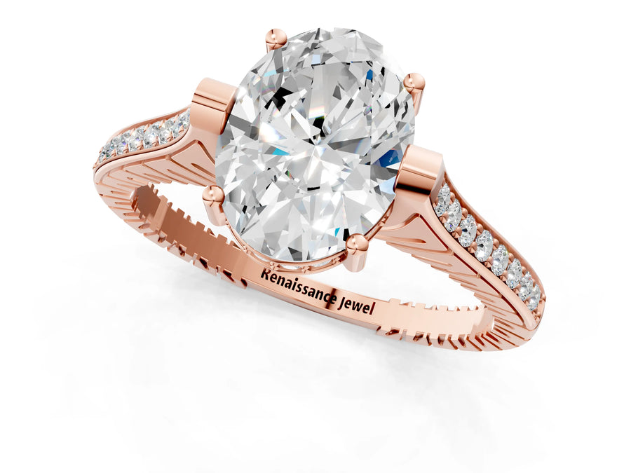Rose gold Oval Solitaire Diamond Ring with Channel Set Band and Bezel Prong Setting