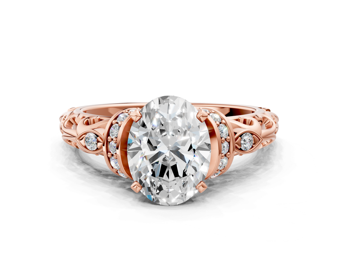 Rose gold Oval Solitaire Diamond Ring with Filigree Band and Four-Prong Setting_70