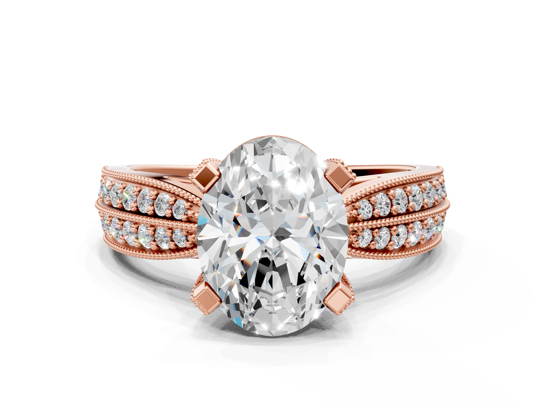 Rose gold Oval Solitaire Diamond Ring with Milgrain Pavé Band and Four-Prong Setting_124