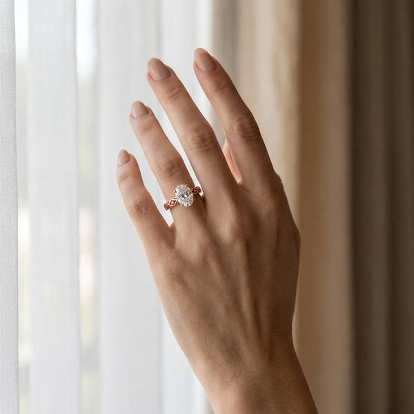 Rose gold Oval Solitaire Diamond Ring with Milgrain and Black Enamel X Pattern Band