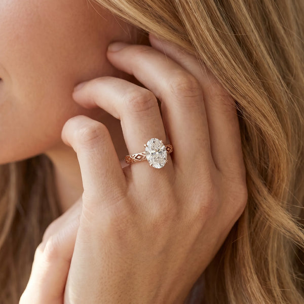 Rose gold Oval Solitaire Diamond Ring with Milgrain and Black Enamel X Pattern Band
