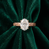 Rose gold Oval Solitaire Diamond Ring with Milgrain and Black Enamel X Pattern Band_15