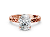 Rose gold Oval Solitaire Diamond Ring with Milgrain and Black Enamel X Pattern Band_177
