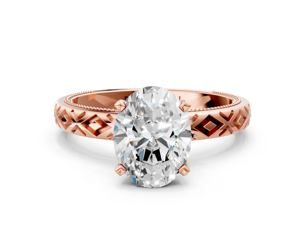 Rose gold Oval Solitaire Diamond Ring with Milgrain and Black Enamel X Pattern Band