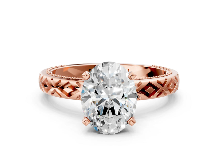 Rose gold Oval Solitaire Diamond Ring with Milgrain and Black Enamel X Pattern Band