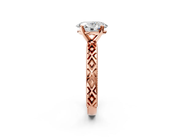 Rose gold Oval Solitaire Diamond Ring with Milgrain and Black Enamel X Pattern Band