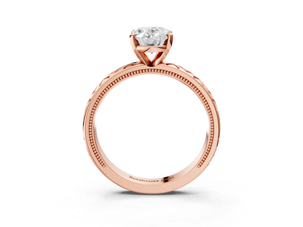 Rose gold Oval Solitaire Diamond Ring with Milgrain and Black Enamel X Pattern Band
