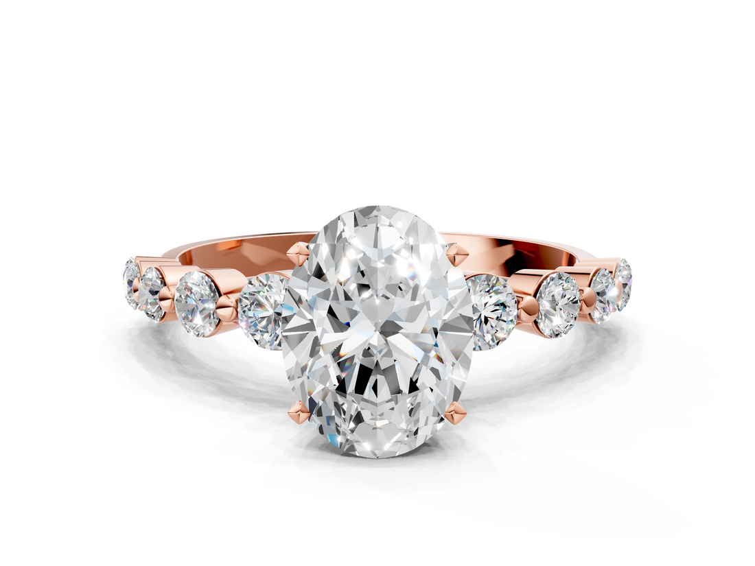 Rose gold Oval Solitaire Diamond Ring with Pave Band and Four-Prong Setting_273